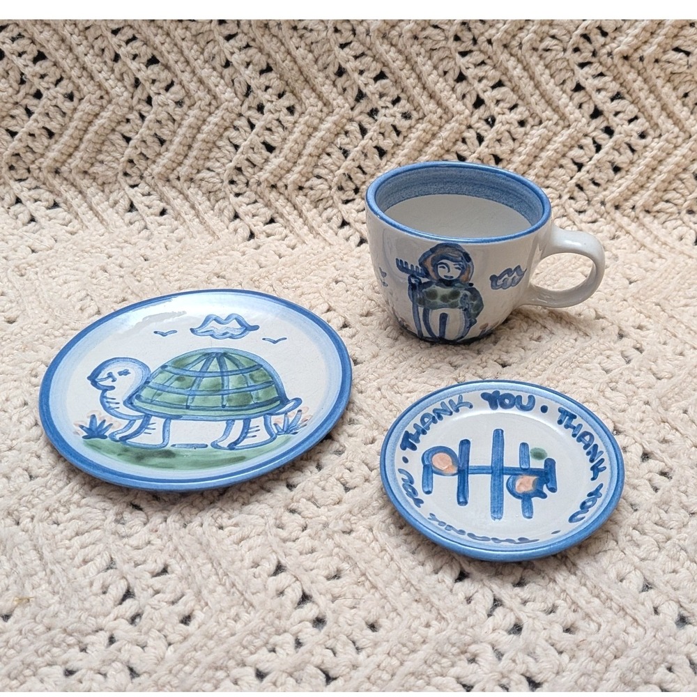 MA Hadley Pottery 3 Piece Lot Turtle Plate Thank You Dish Farmer The End Mug